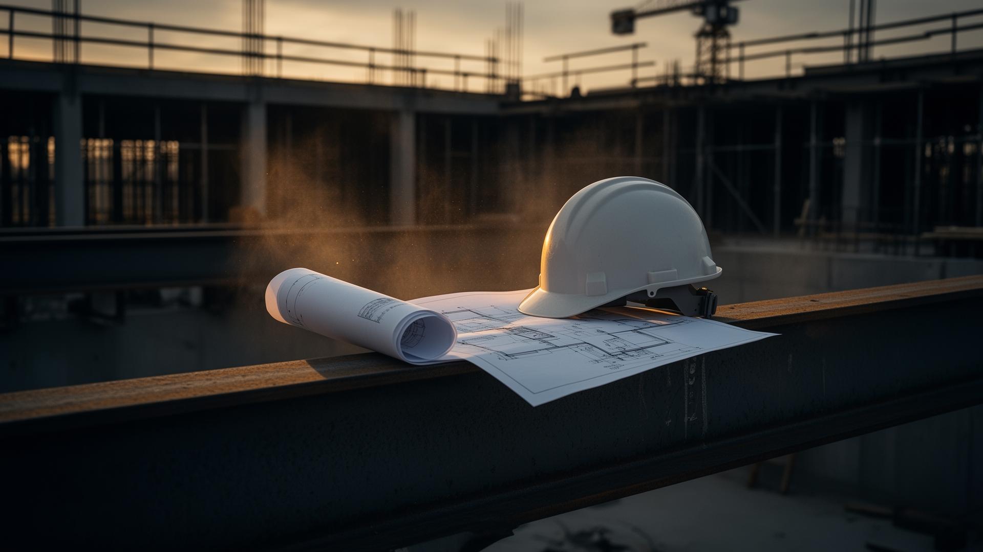 Construction site at dusk with hard hat and architectural blueprint